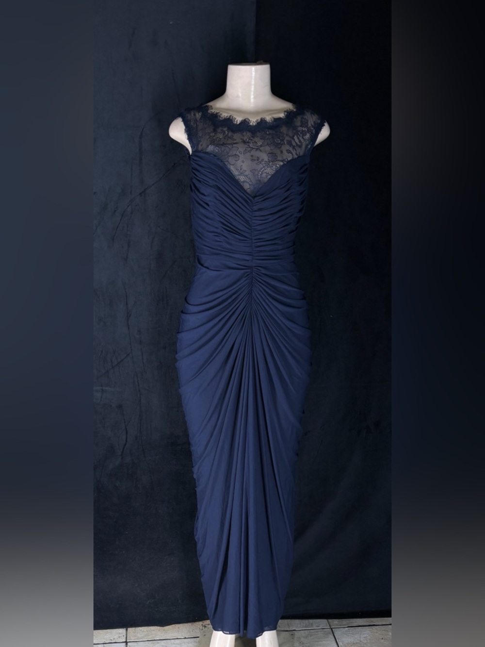 Navy Lace-Illusion Ruched Maxi Dress